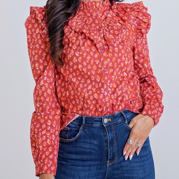 KARLIE NWT Small Pink Ruffled Bib Collar Blouse - Picture 1 of 2